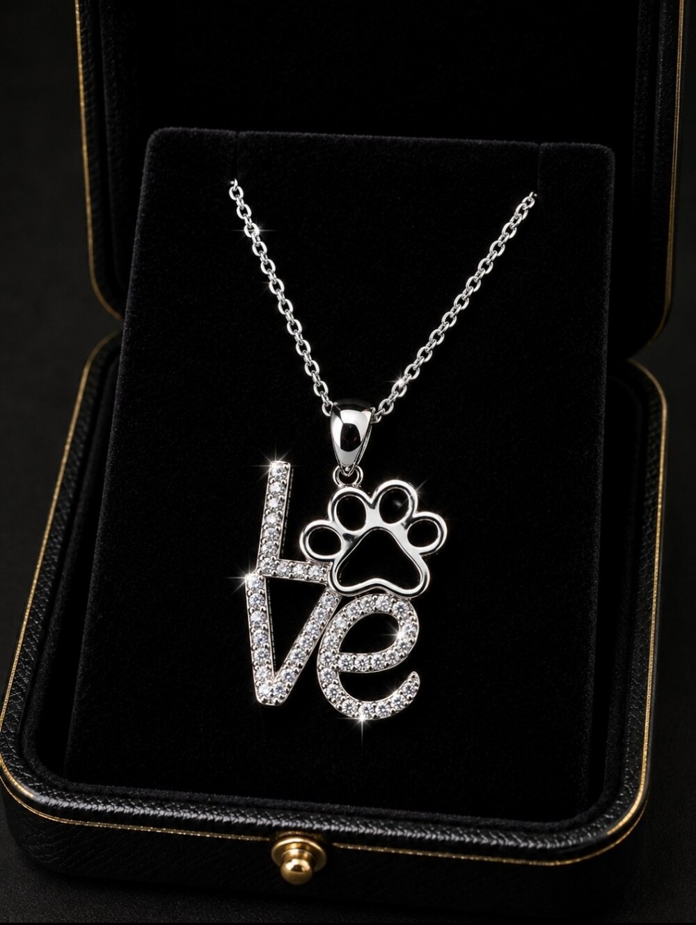 Sterling Silver 925 Pave Cubic Zirconia Clear Pet Paw LOVE Pendant Necklace NWOT
